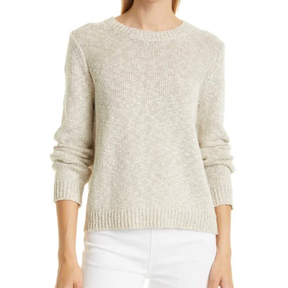 Jenni Kayne Sweater Womens L Natural Crewneck Cotton Linen Pullover Knit
